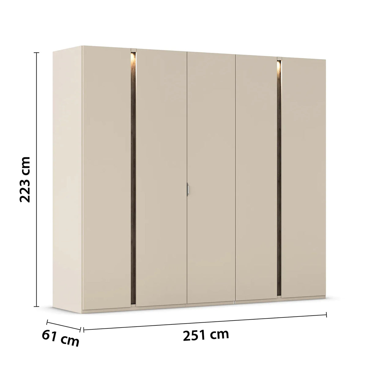 Rauch Larisa Champagne & Atlantic Oak 5 Door Hinged Wardrobe – 251cm with dimensions labeled on a white background