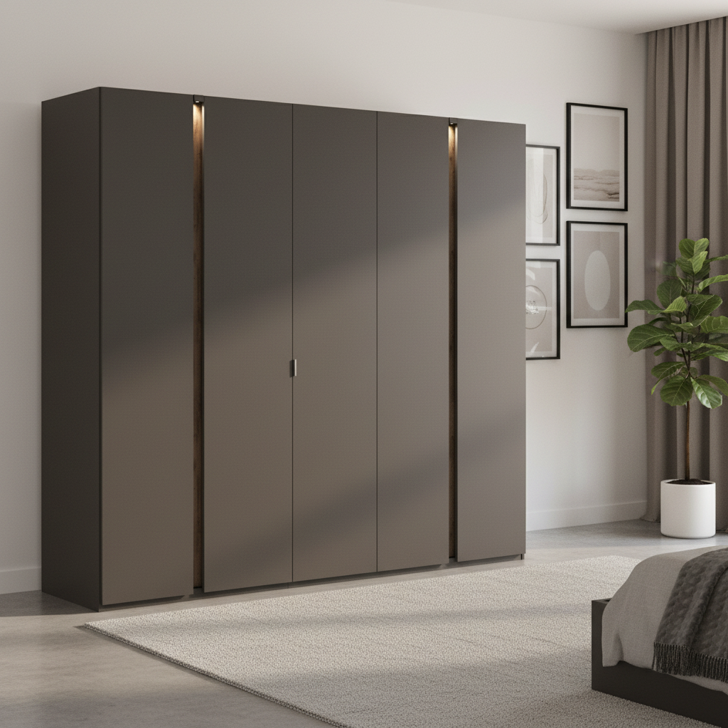 German-made Rauch Larisa 5 door wardrobe, 251cm wide, in graphite with Atlantic Dark Oak panels and optional integrated LED lighting.