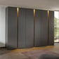 Rauch Larisa large six door hinged wardrobe in graphite with Atlantic Dark Oak panels between the doors and LED Lights