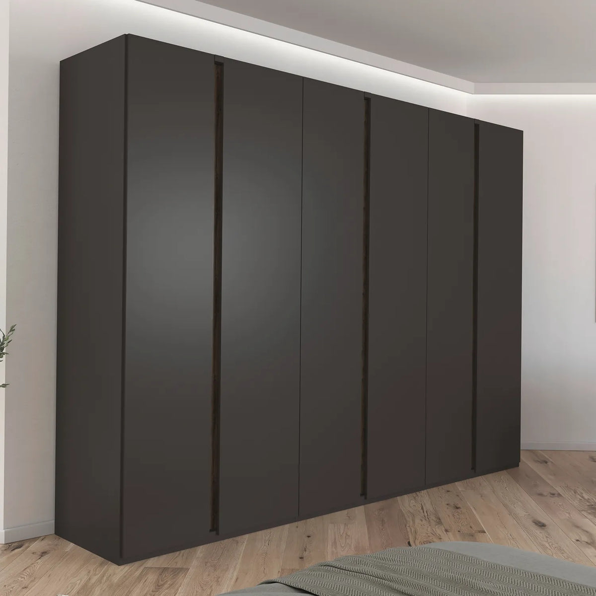 Rauch Larisa large six door hinged wardrobe in graphite with Atlantic Dark Oak panels between the doors