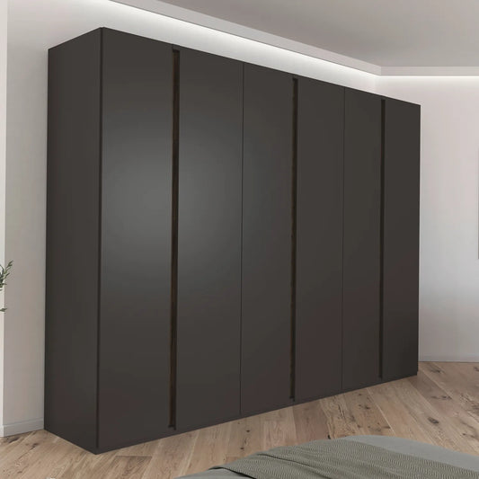 Rauch Larisa large six door hinged wardrobe in graphite with Atlantic Dark Oak panels between the doors