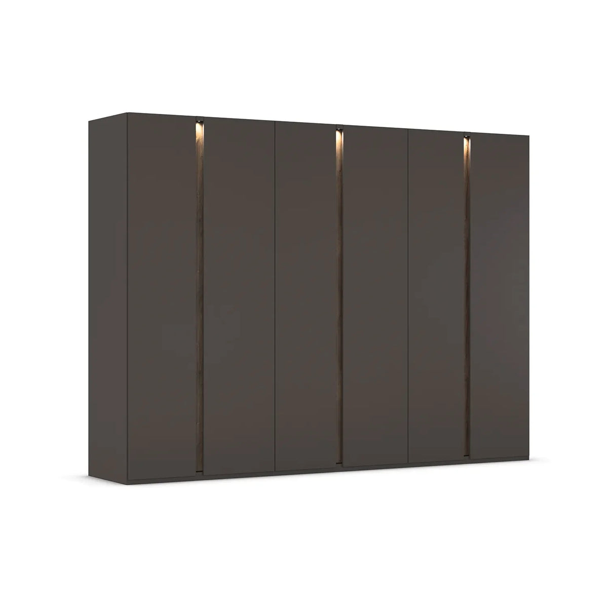Large W300cm Rauch Larisa large six door hinged wardrobe in graphite with Atlantic Dark Oak panels between the doors