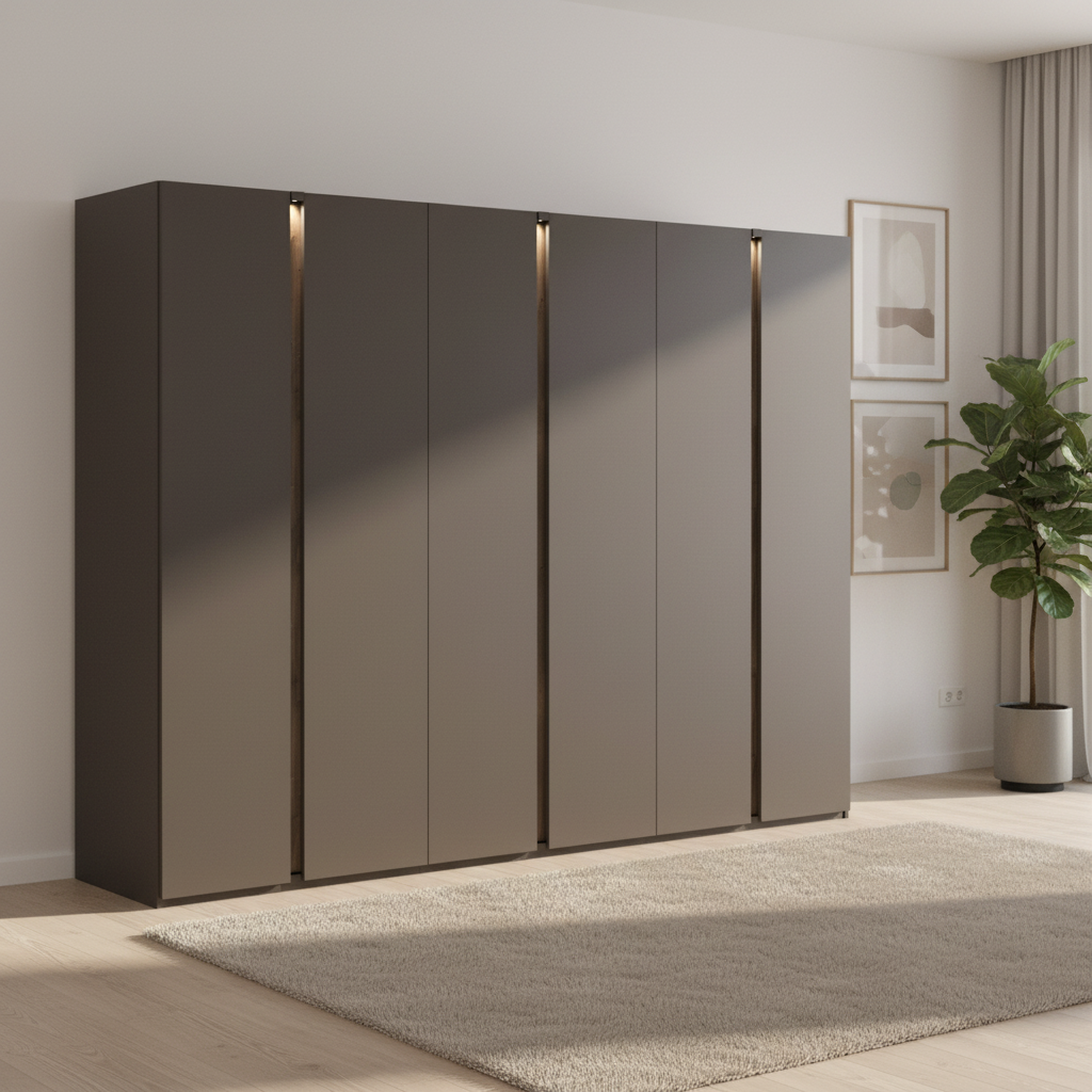 Large German-made Rauch Larisa 6 door wardrobe, 301cm wide, in graphite with Atlantic Dark Oak panels and optional integrated LED lighting.