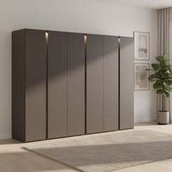 Large German-made Rauch Larisa 6 door wardrobe, 301cm wide, in graphite with Atlantic Dark Oak panels and optional integrated LED lighting.