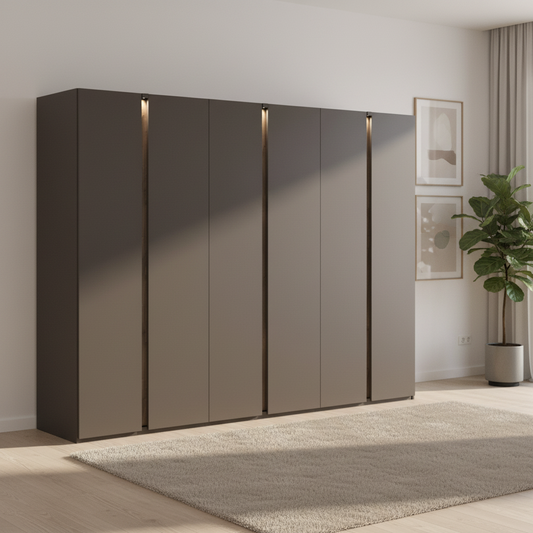 Large German-made Rauch Larisa 6 door wardrobe, 301cm wide, in graphite with Atlantic Dark Oak panels and optional integrated LED lighting.