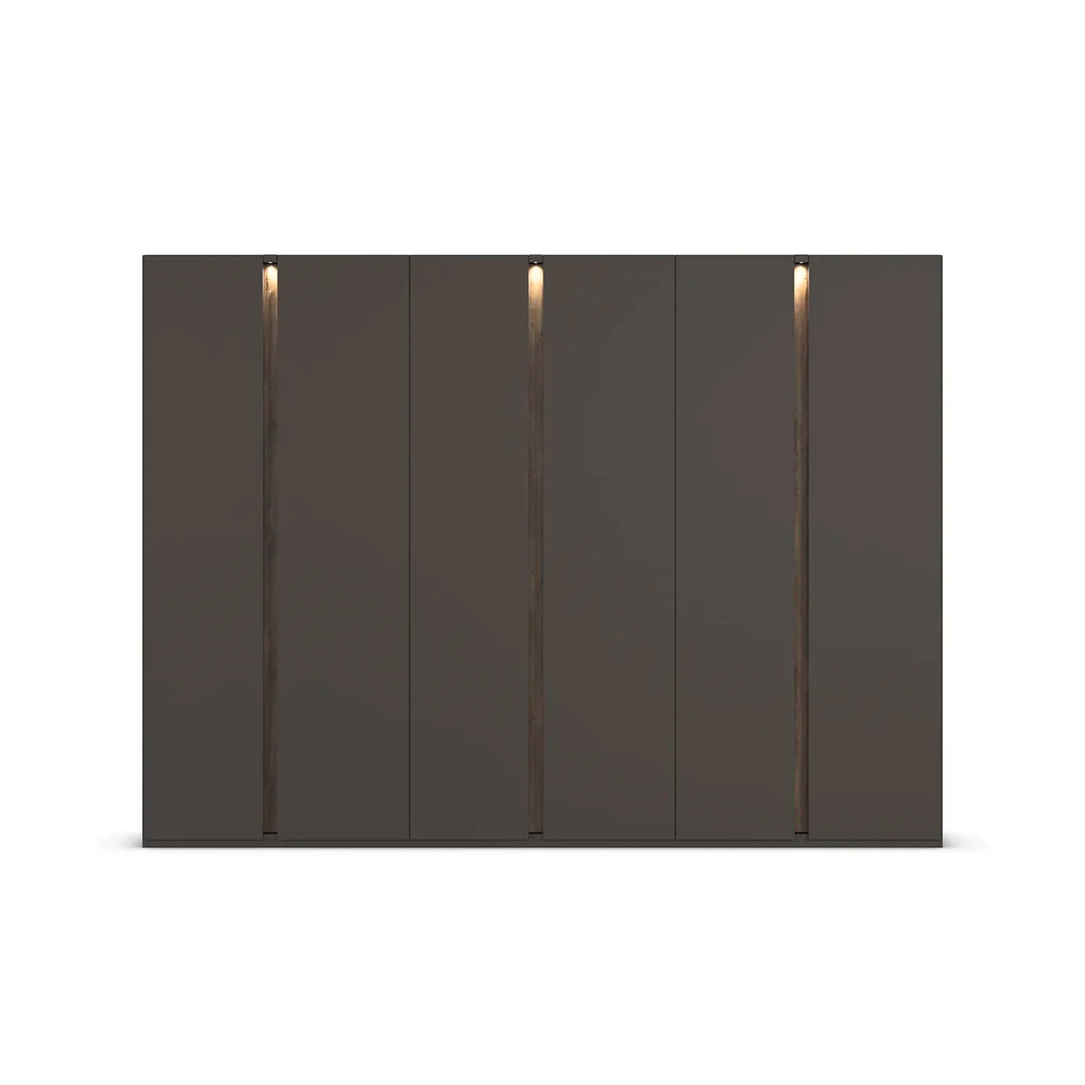 Large Rauch Larisa 301cm wardrobe showing the integrated LED lighting washing down the Atlantic Dark Oak panels