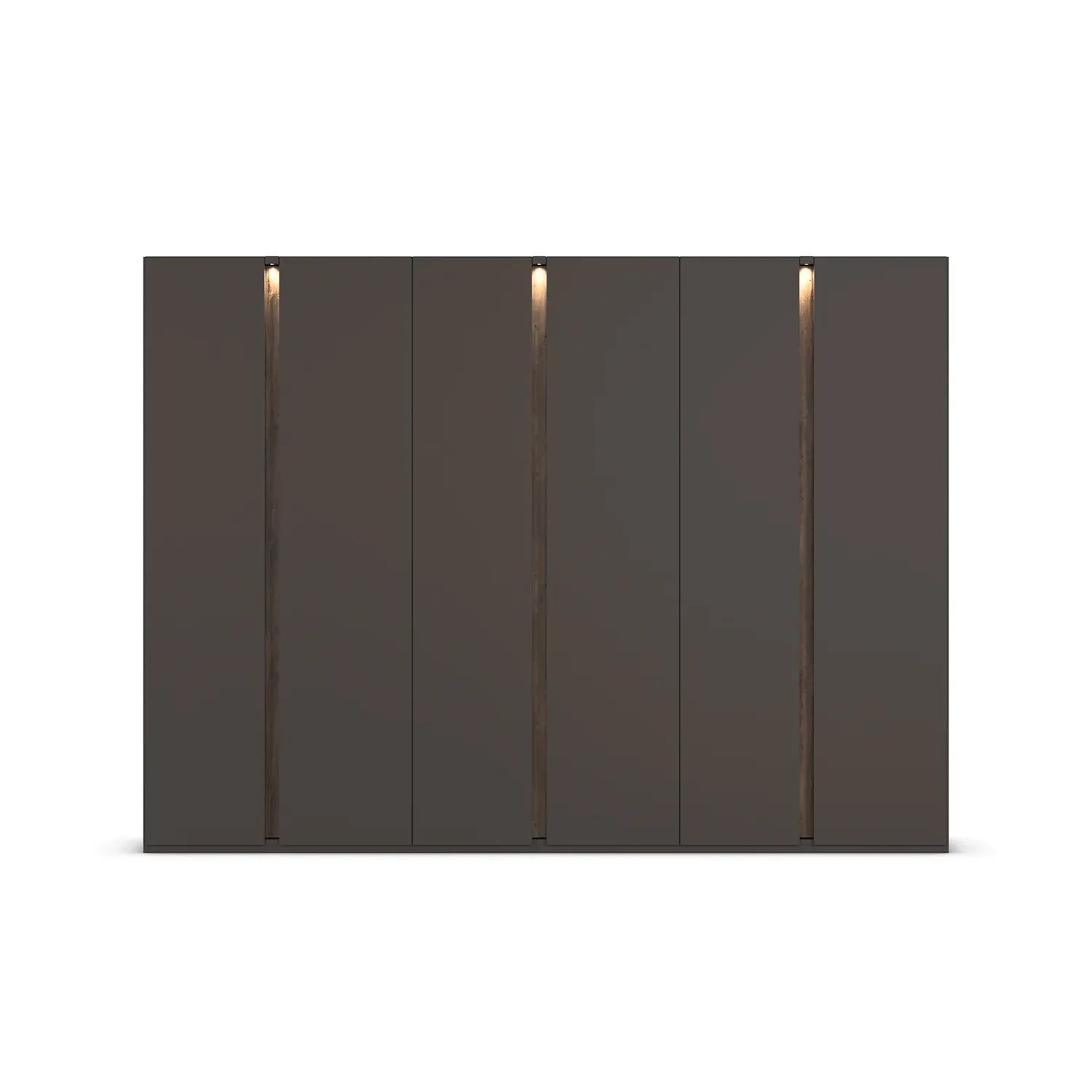 Large Rauch Larisa 301cm wardrobe showing the integrated LED lighting washing down the Atlantic Dark Oak panels
