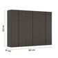 Rauch Larisa large six door hinged wardrobe in graphite with Atlantic Dark Oak panels between the doors with dimensions labeled on a white background