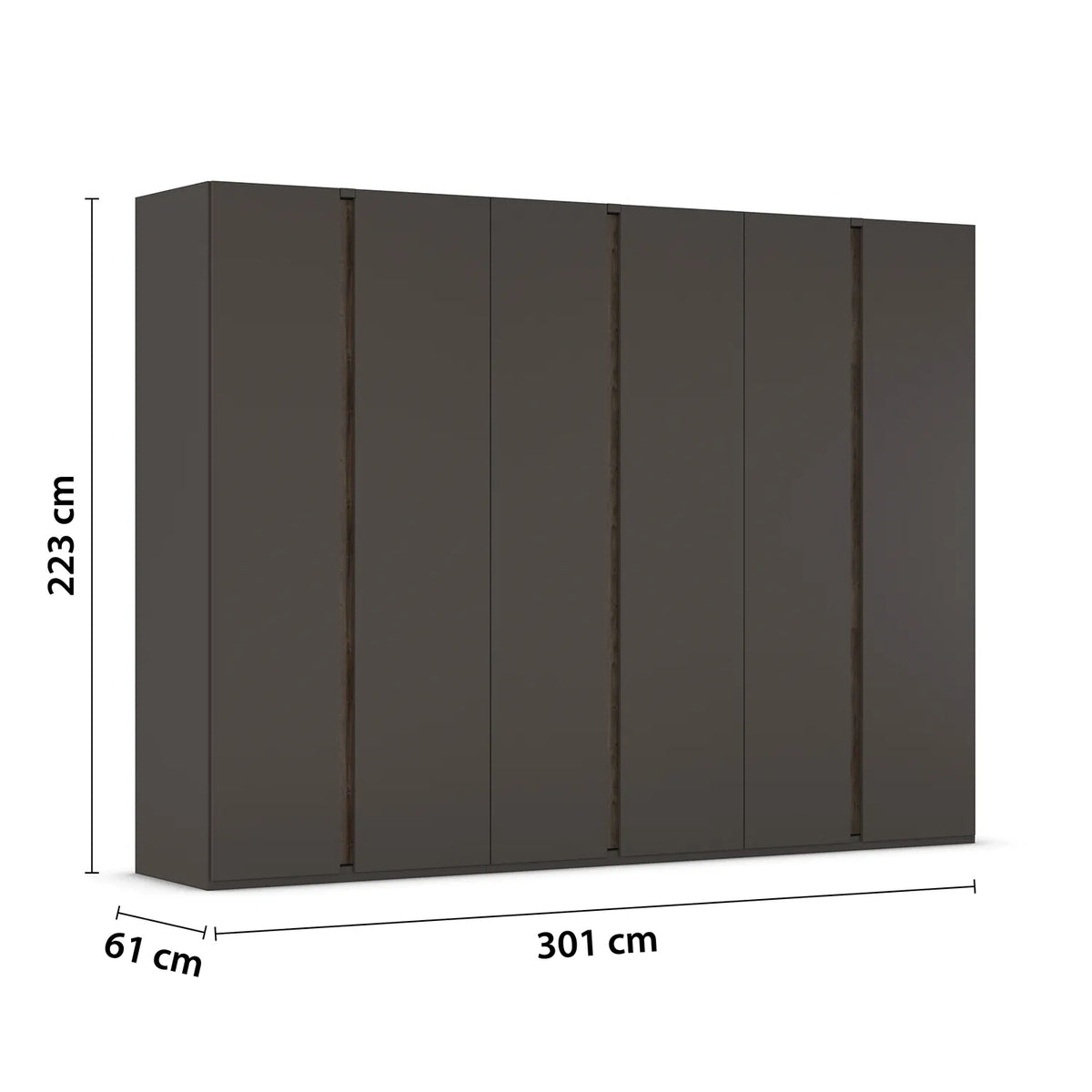 Rauch Larisa large six door hinged wardrobe in graphite with Atlantic Dark Oak panels between the doors with dimensions labeled on a white background