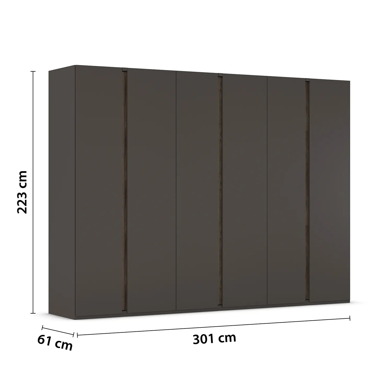 Rauch Larisa large six door hinged wardrobe in graphite with Atlantic Dark Oak panels between the doors with dimensions labeled on a white background