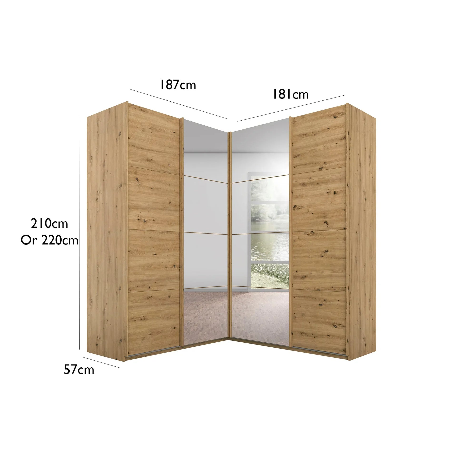Rauch Lema 4 Door Sliding Corner Wardrobe - Artisan Oak - Dimensions