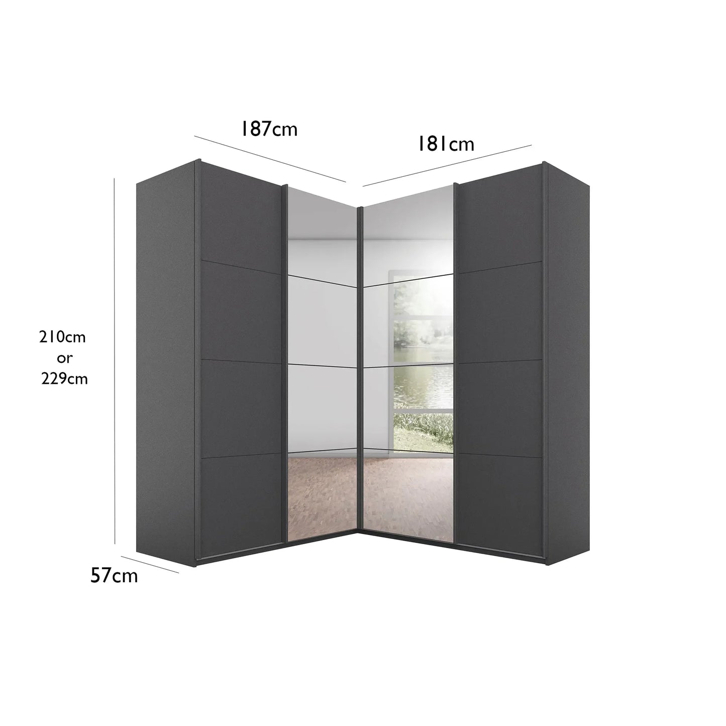 Rauch Lema 4 Door Sliding Corner Wardrobe - Basalt Glass - Dimensions