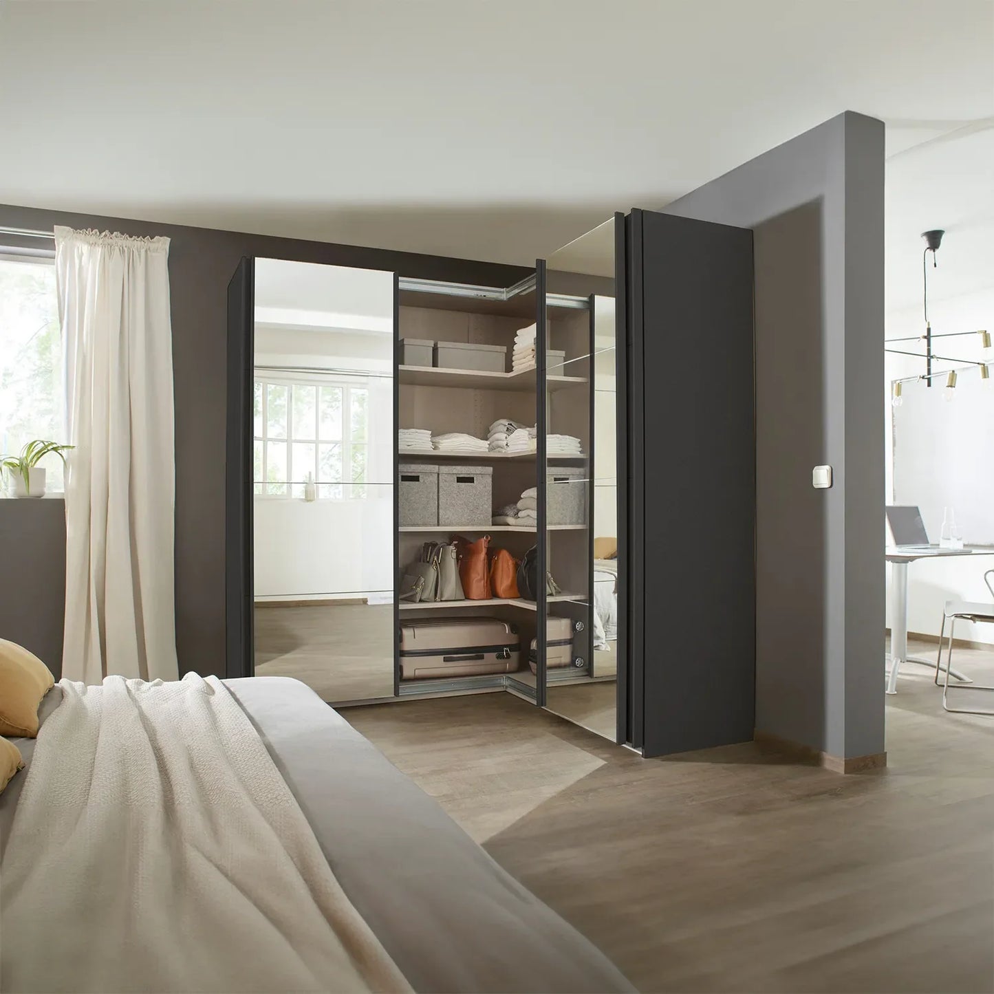 Rauch Lema 4 Door Sliding Corner Wardrobe - Basalt Glass - Styled in a Beautiful Bedroom