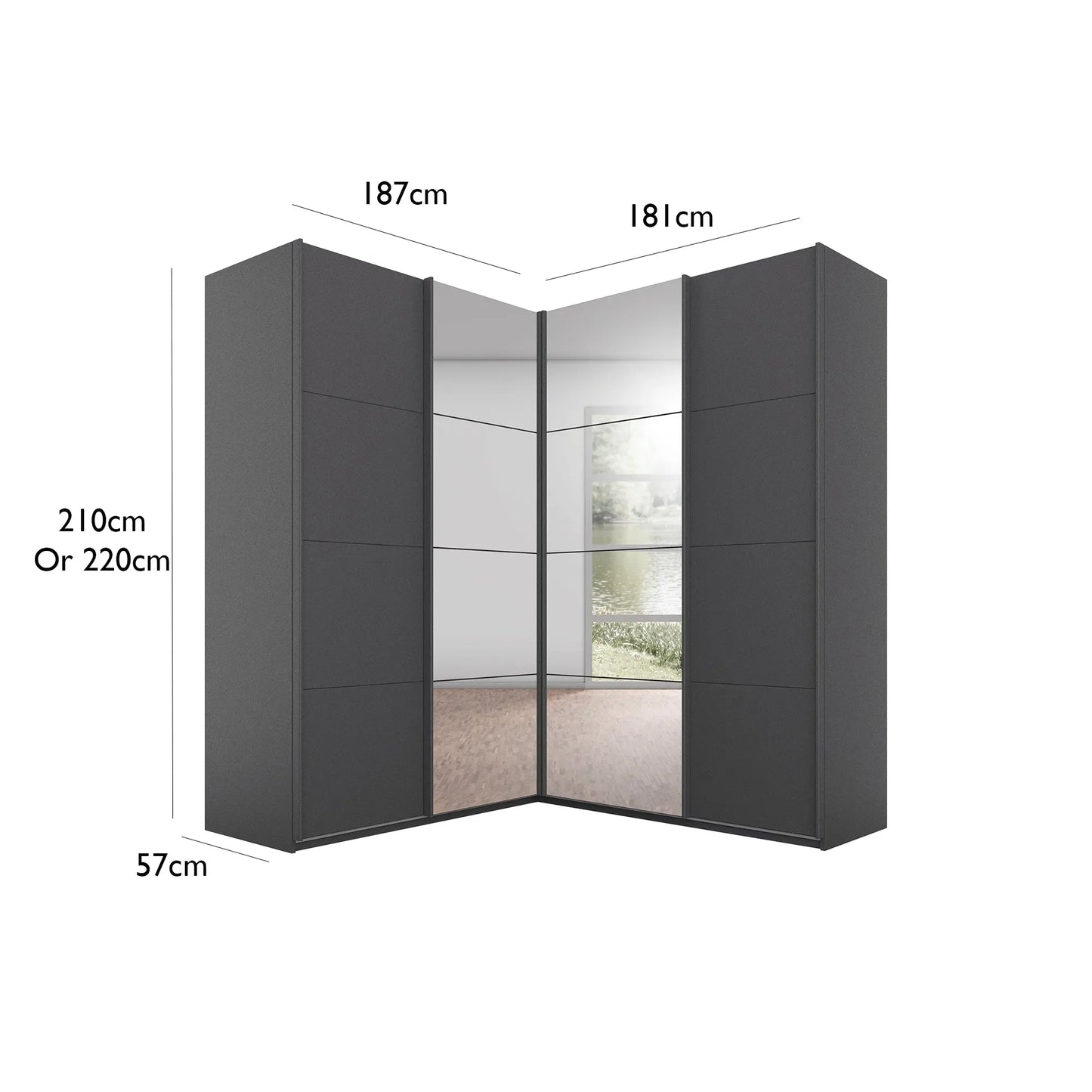 Rauch Lema 4 Door Sliding Corner Wardrobe - High Gloss Effect Grey - Dimensions
