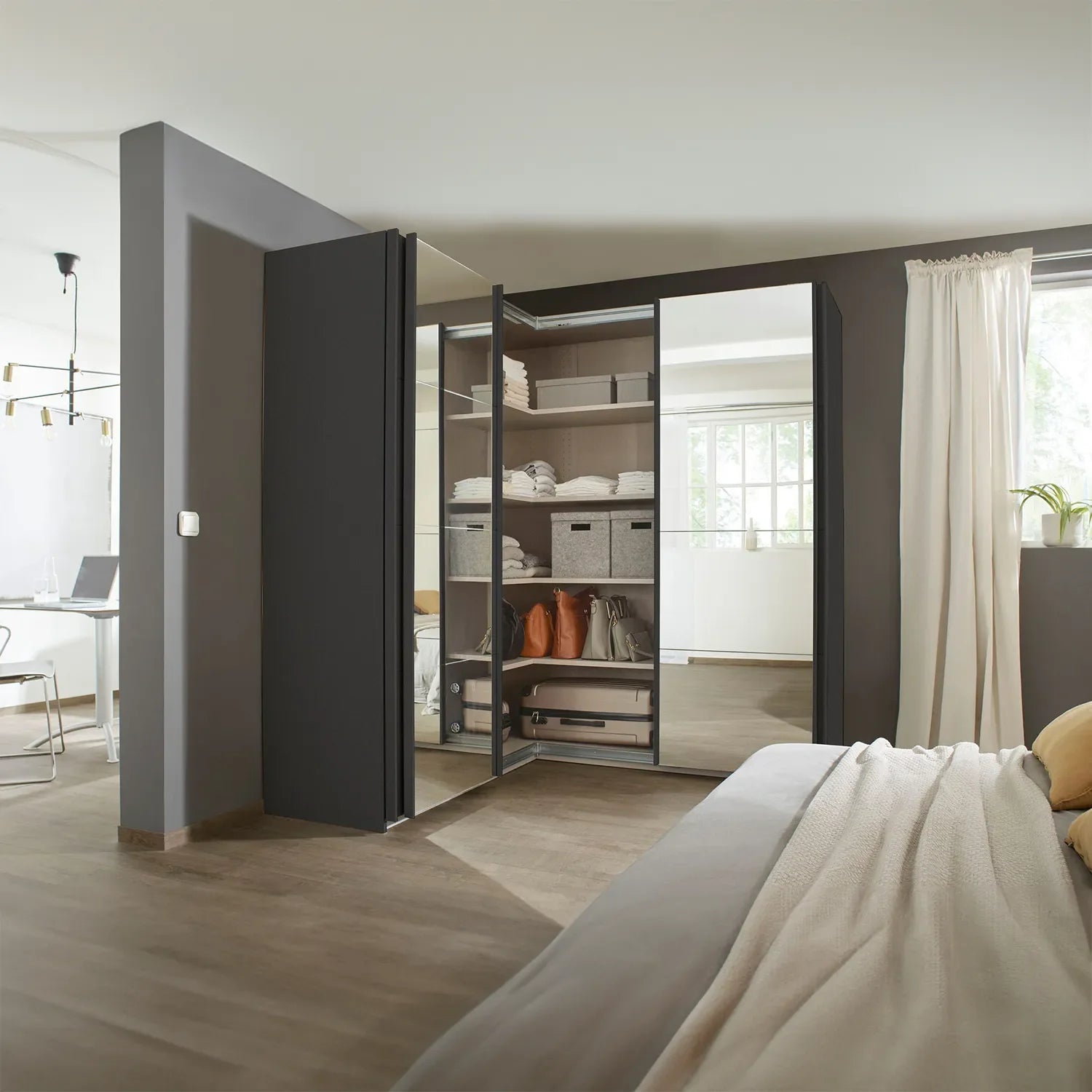 Rauch Lema 4 Door Sliding Corner Wardrobe - High Gloss Effect Grey - Styled in a Beautiful Bedroom