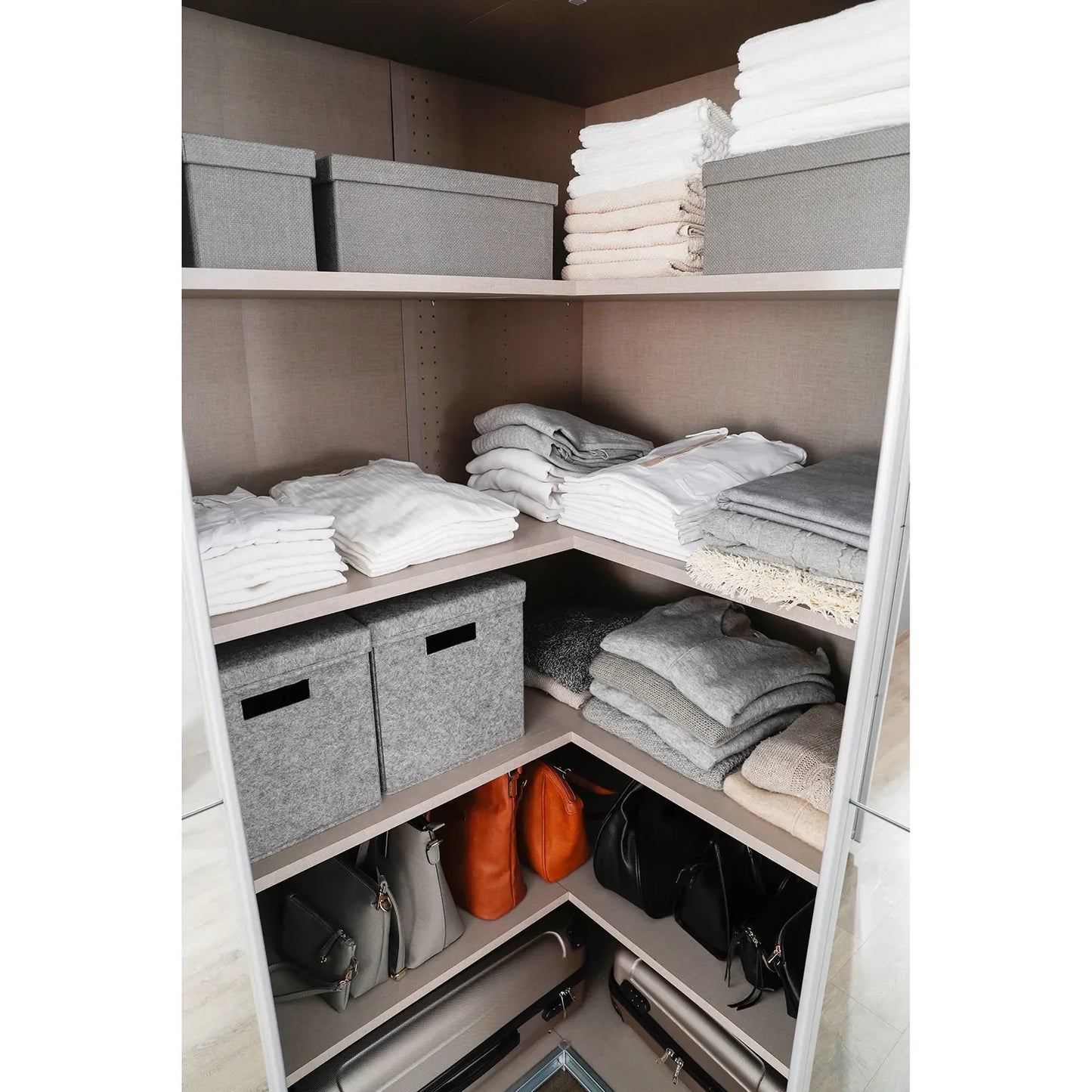 Rauch Lema 4 Door Sliding Corner Wardrobe - High Gloss Effect Grey - Interior view Styled in a Bedroom