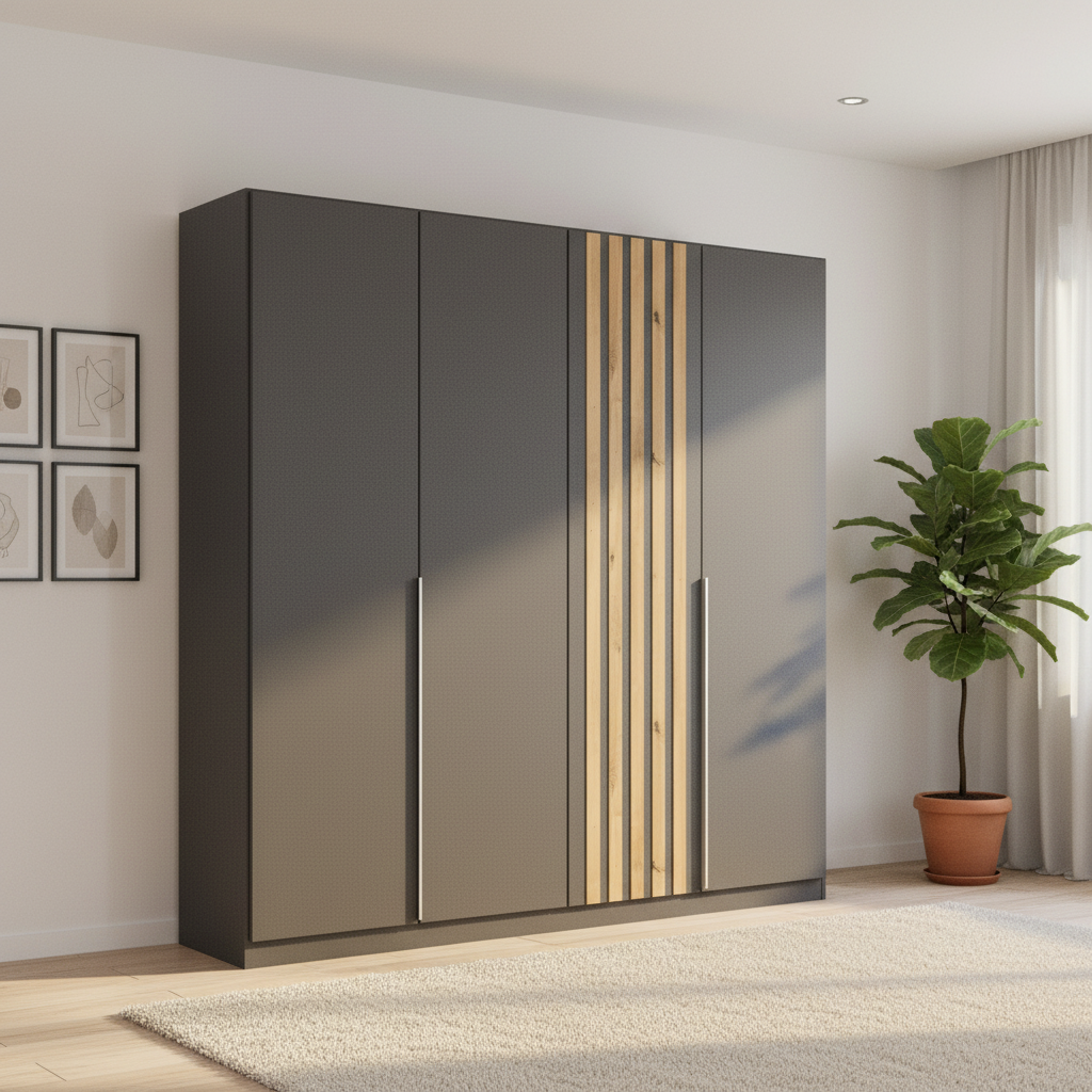 Rauch Lamella 4 Door Hinged Wardrobe in Metallic Grey Colour with Oak Slats on one Door