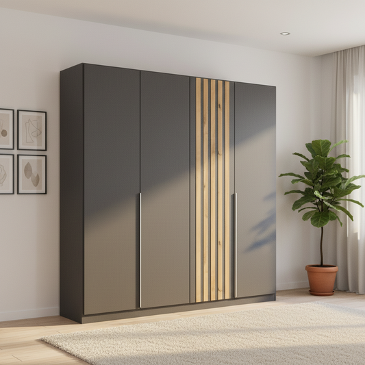 Rauch Lamella 4 Door Hinged Wardrobe in Metallic Grey Colour with Oak Slats on one Door