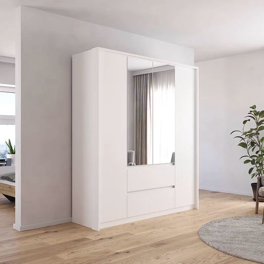 Styled in a room Rauch Leon 4 door mirrored wardrobe with drawers with Passepartout Frame