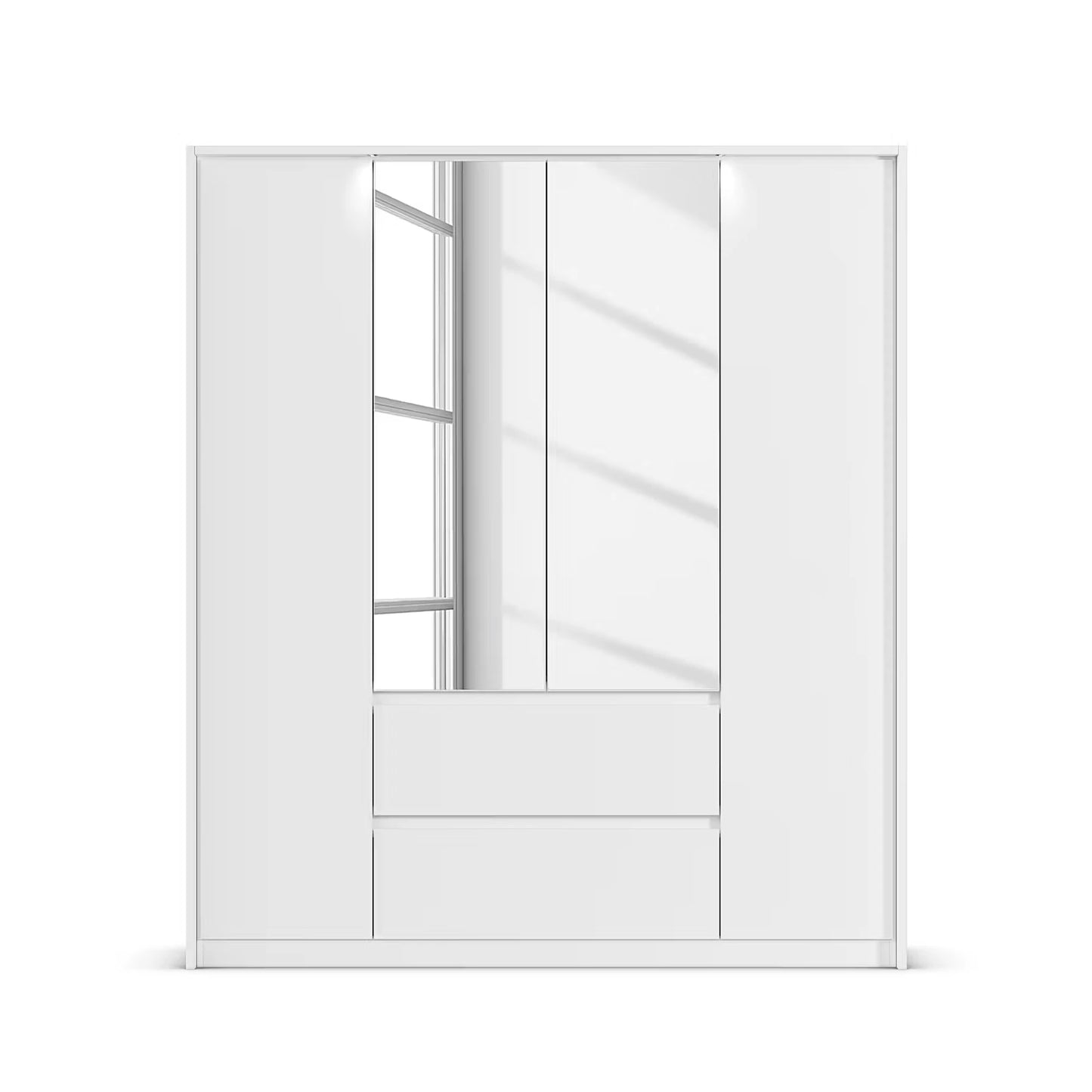 Front view of Rauch Leon 4 door mirrored wardrobe with drawers with Passepartout Light Frame