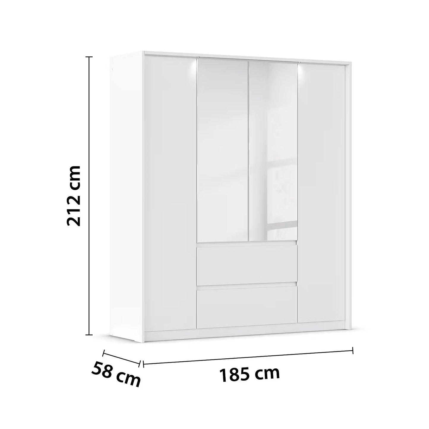 Rauch Leon 4 door mirrored wardrobe with drawers with Passepartout Light Frame - Dimensions