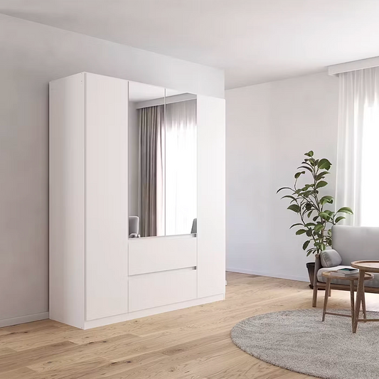 Rauch Leon 181cm Alpine White 4 door wardrobe with mirrored doors and drawers. Handleless design with adjustable storage.