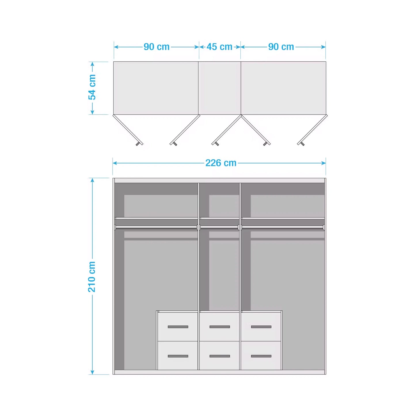 Measurement chart of a Rauch LEON Mainz wardrobe with dimensions labeled