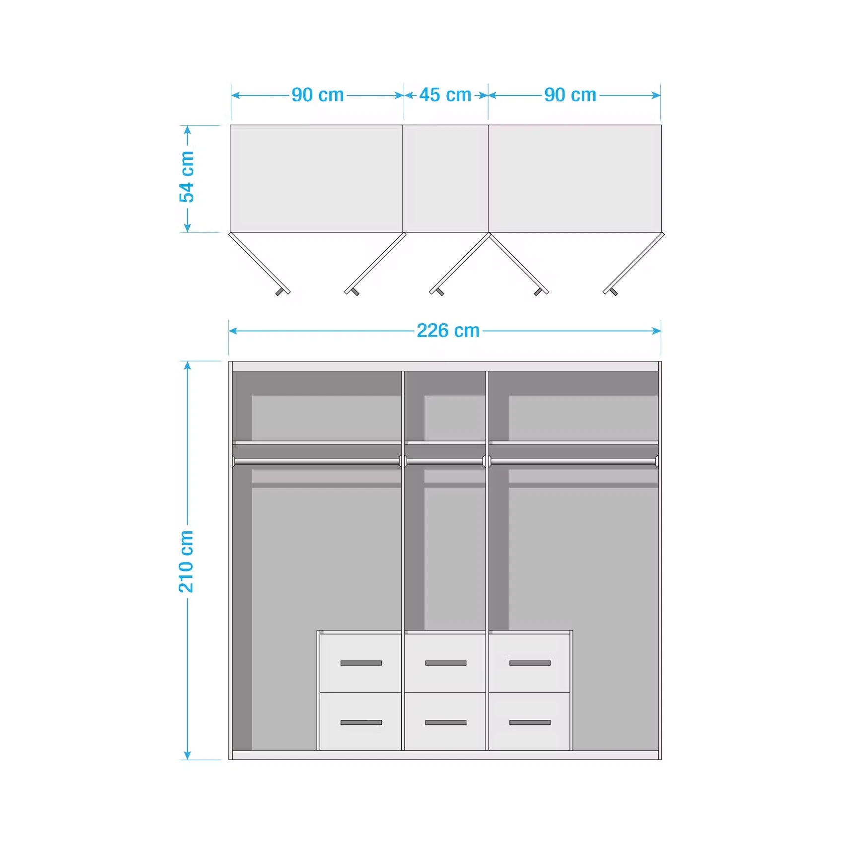 Measurement chart of a Rauch LEON Mainz wardrobe with dimensions labeled