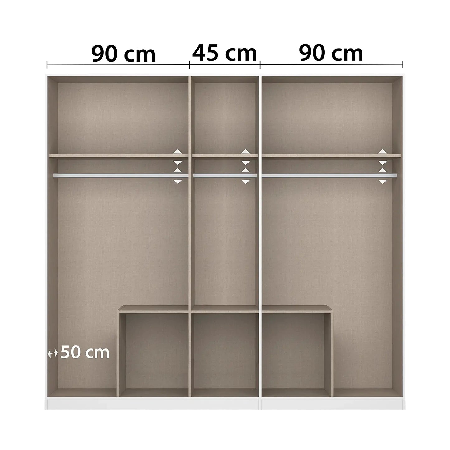 Internal details of White wardrobe by Rauch with 5 Doors and 6 Drawers