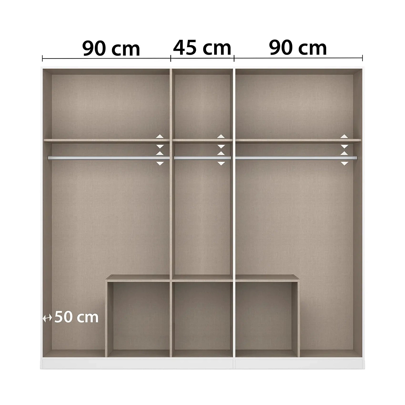 Internal details of White wardrobe by Rauch with 5 Doors and 6 Drawers