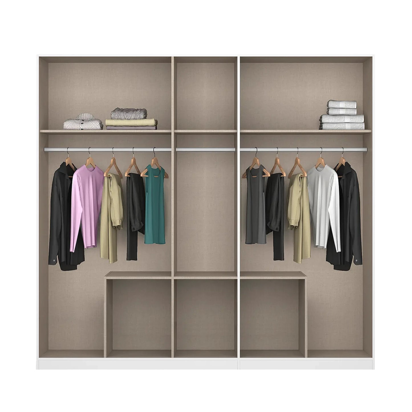 Closet with shelves and clothes on hangers against a white background