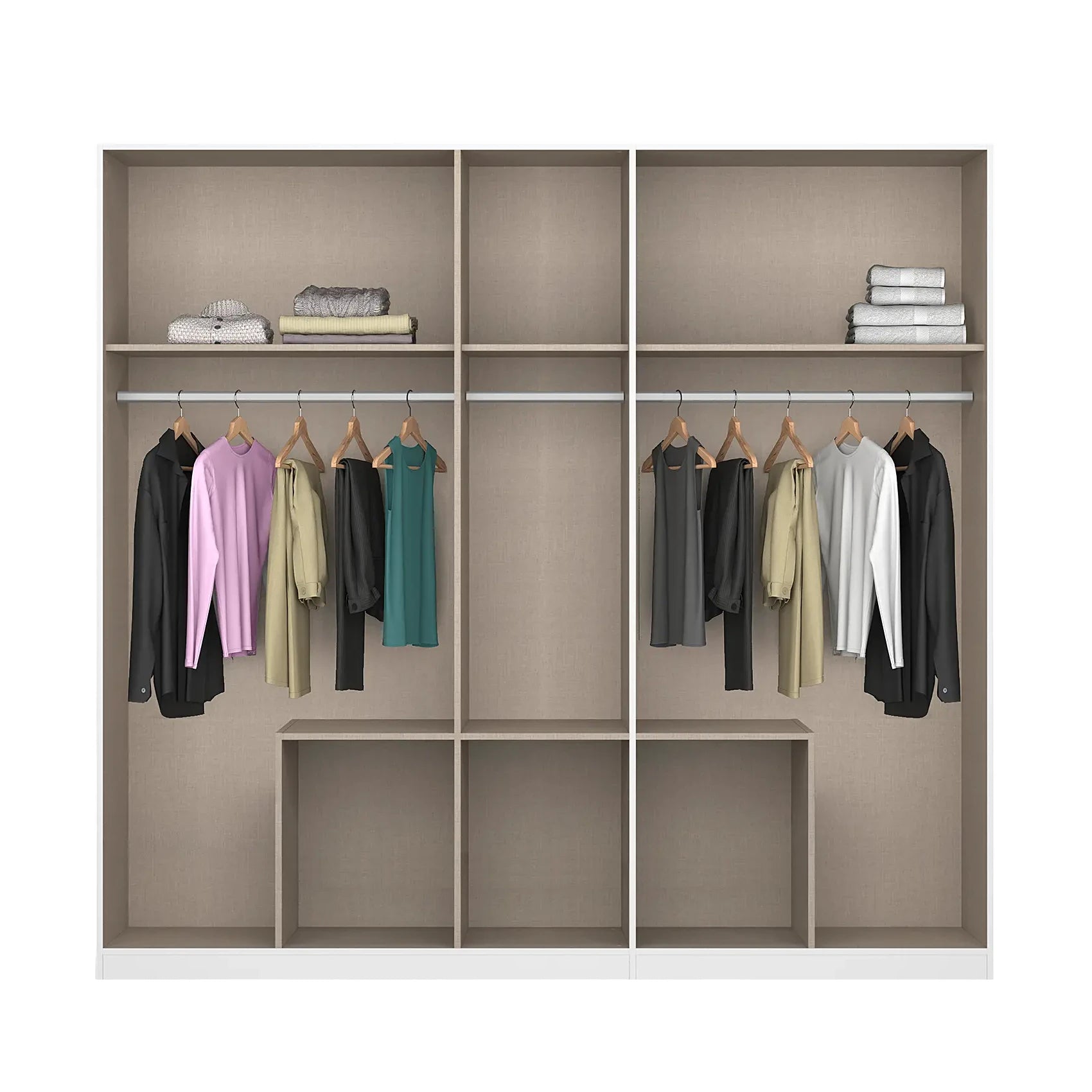 Closet with shelves and clothes on hangers against a white background