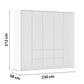 White wardrobe by Rauch with 5 Doors and 6 Drawers with PPT - Dimensions Labelled on White Background