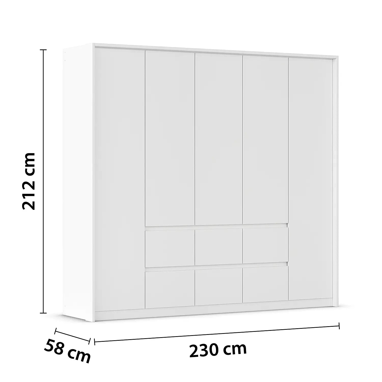 White wardrobe by Rauch with 5 Doors and 6 Drawers with PPT - Dimensions Labelled on White Background