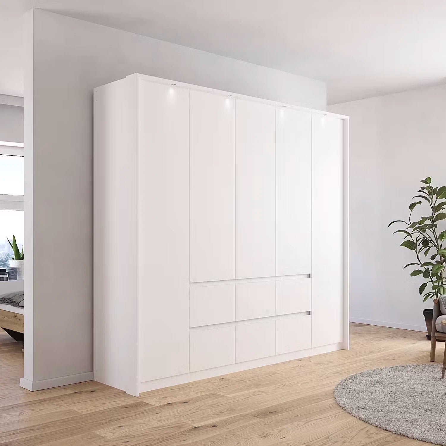 Rauch German White wardrobe by Rauch with 5 Doors and 6 Drawers and LED Light PPT Frame