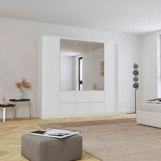 Rauch Leon Alpine White 5 Door 6 Drawer Mirrored Wardrobe – 226cm