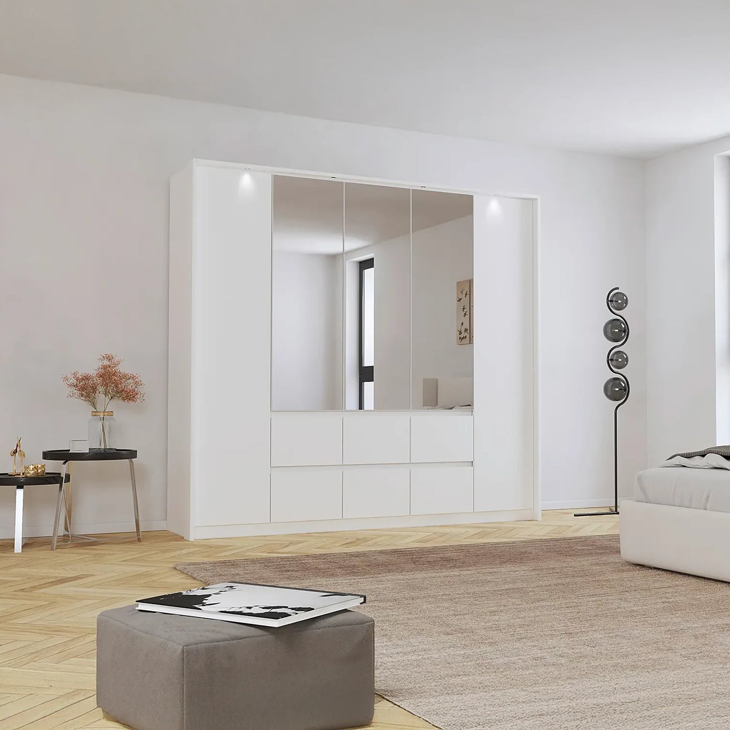 Rauch Leon Alpine White 5 Door 6 Drawer Mirrored Wardrobe – 226cm