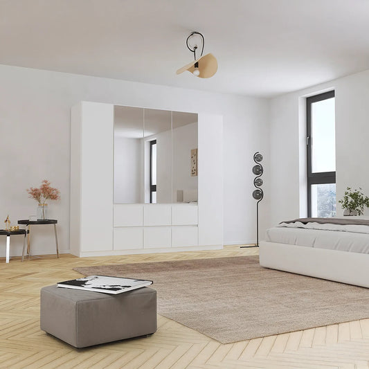 Rauch Leon Alpine White 5 Door 6 Drawer Mirrored Wardrobe – 226cm
