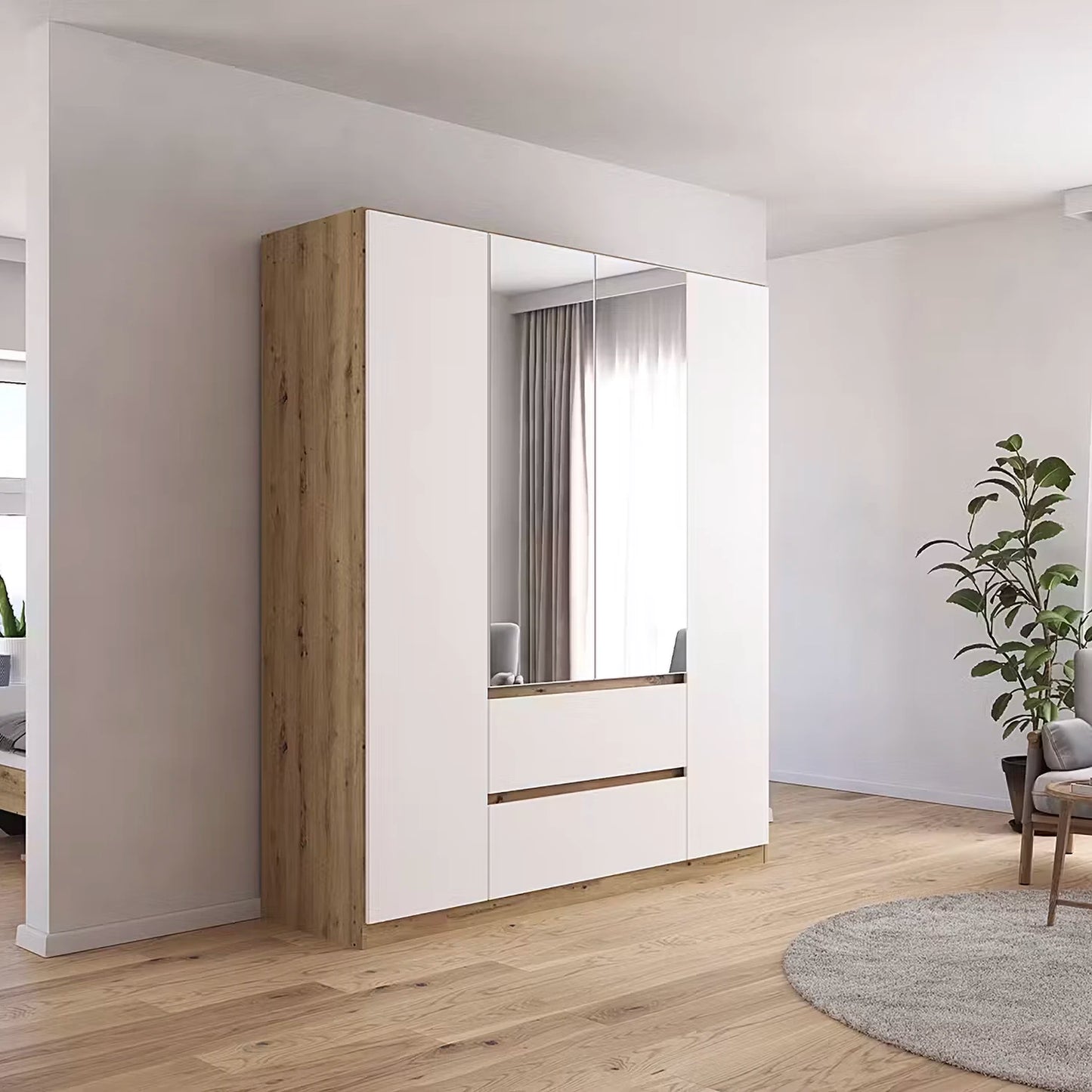 Rauch Leon Oak & White 4 Door 2 Drawer Wardrobe With Mirror – 181cm