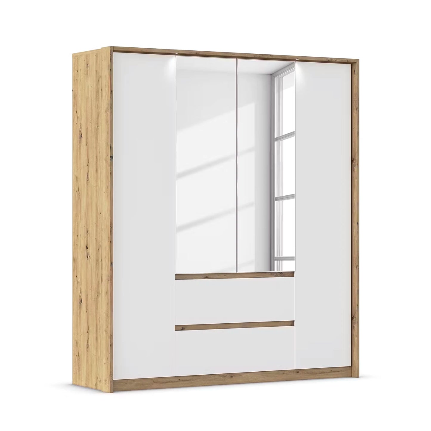 Rauch Leon Oak & White 4 Door 2 Drawer Wardrobe With Mirror – 181cm