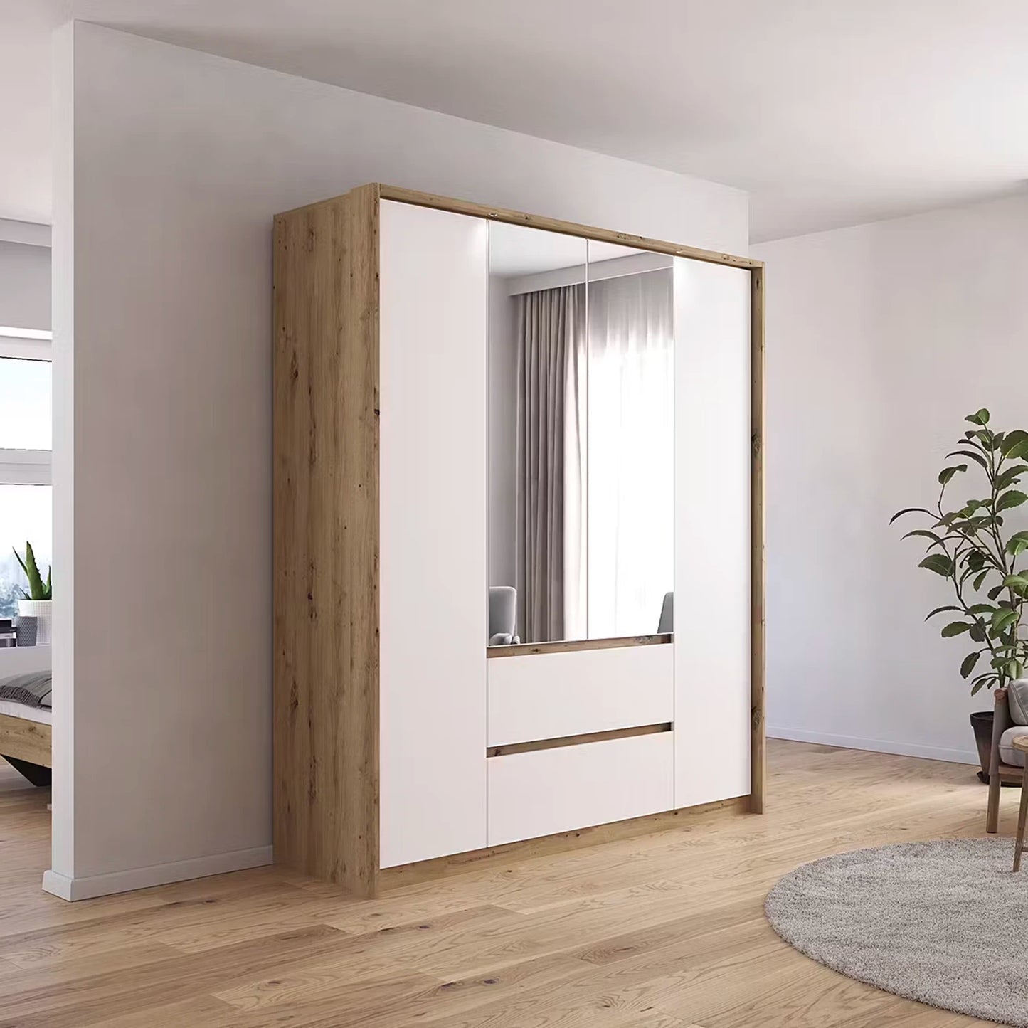 Rauch Leon Oak & White 4 Door 2 Drawer Wardrobe With Mirror – 181cm