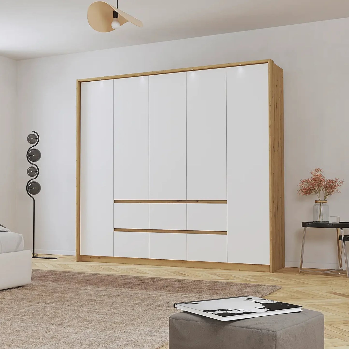 Rauch Leon Oak & White 5 Door 6 Drawer Wardrobe – 226cm