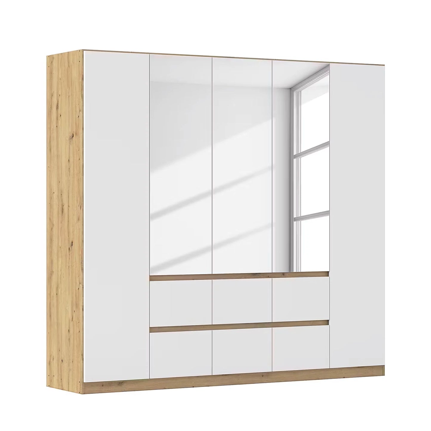 Rauch Leon Oak & White 5 Door 6 Drawer Wardrobe With Mirror– 226cm