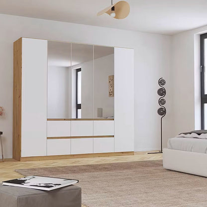 Rauch Leon Mainz 5 Door, 6 Drawer Hinged Door Wardrobe With Mirrors in White and Oak colour combination 