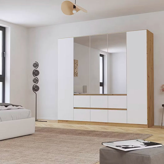 Rauch Leon Oak & White 5 Door 6 Drawer Wardrobe With Mirror– 226cm