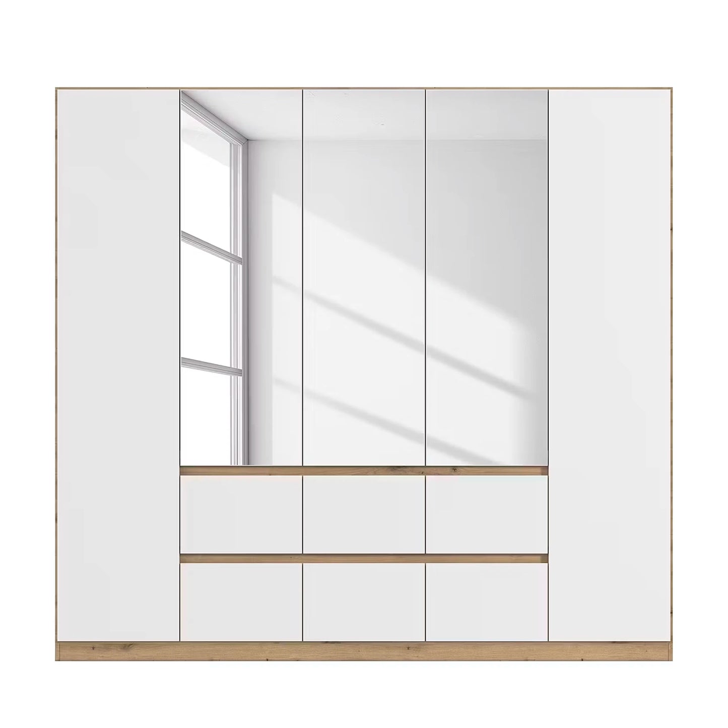 Rauch Leon Oak & White 5 Door 6 Drawer Wardrobe With Mirror– 226cm