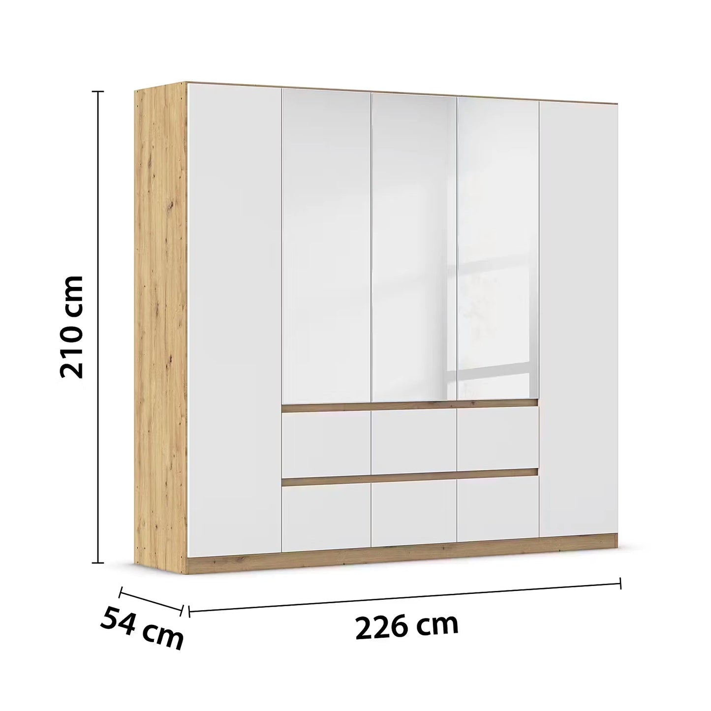 Rauch Leon Oak & White 5 Door 6 Drawer Wardrobe With Mirror– 226cm