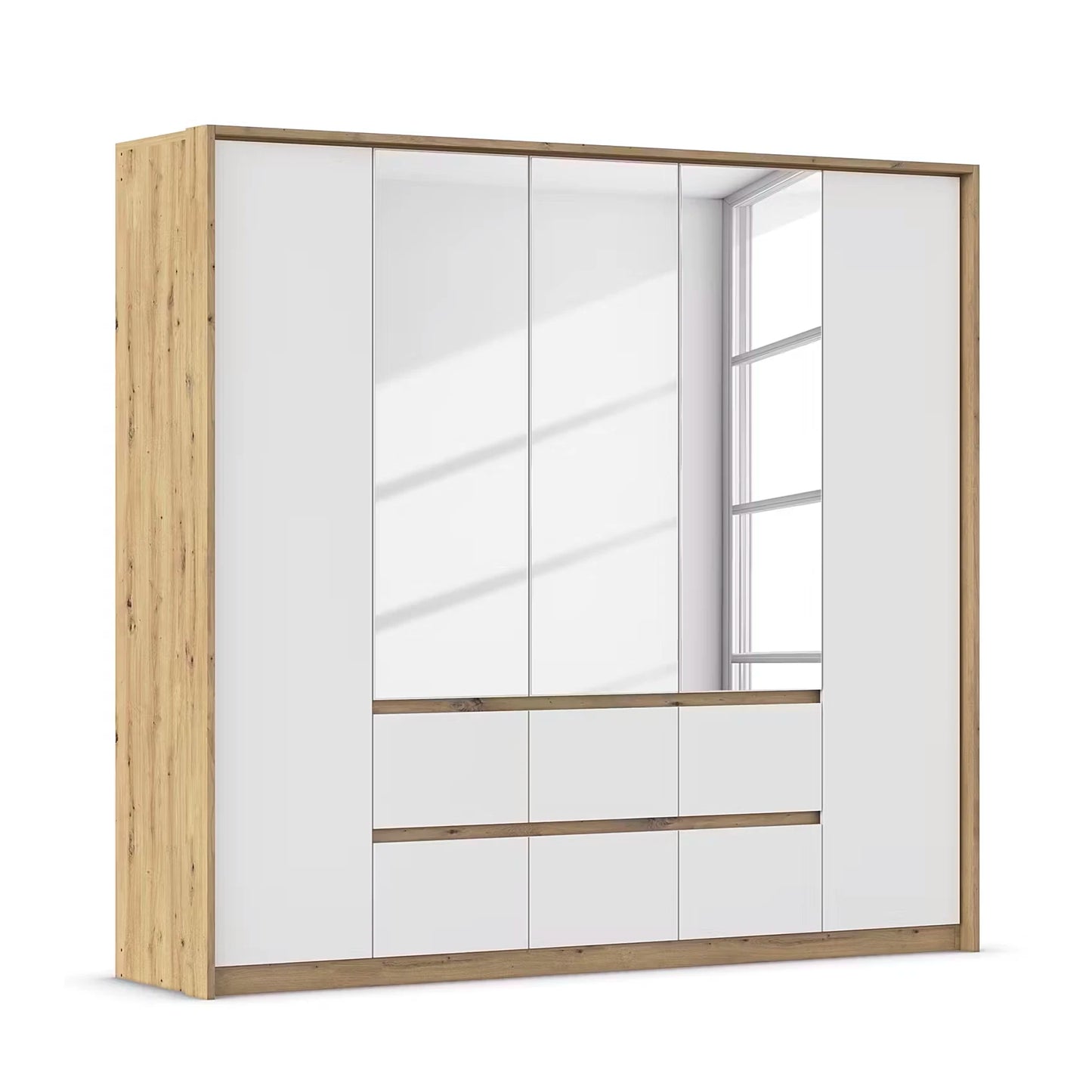Rauch Leon Oak & White 5 Door 6 Drawer Wardrobe With Mirror– 226cm