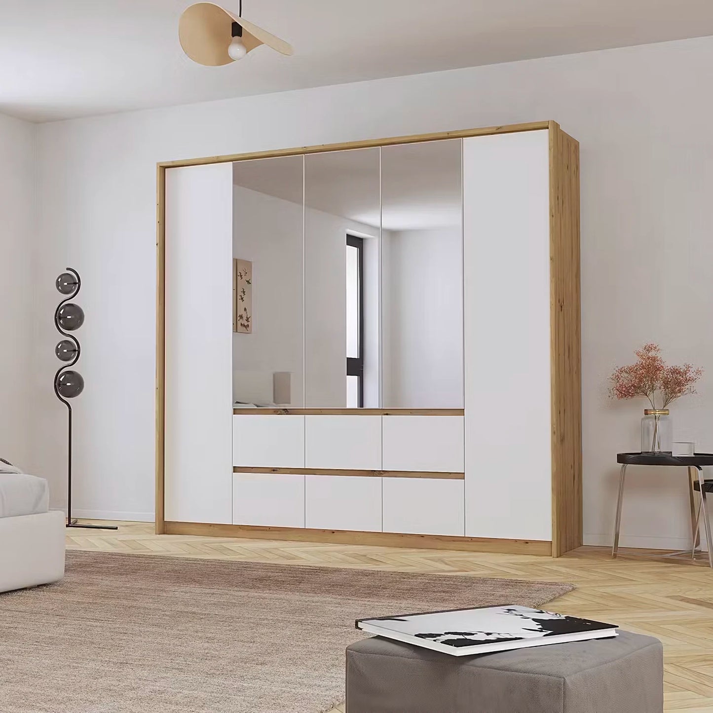 Rauch Leon Oak & White 5 Door 6 Drawer Wardrobe With Mirror– 226cm