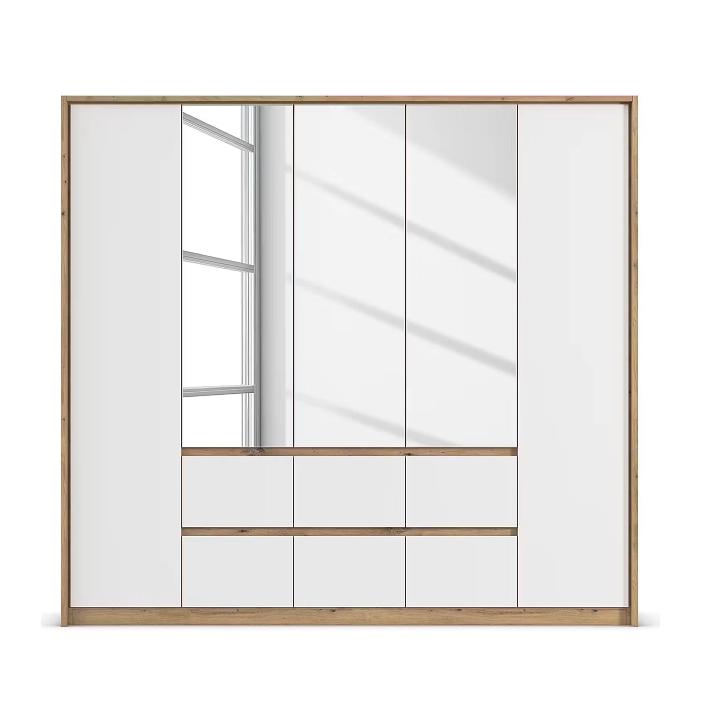 Rauch Leon Oak & White 5 Door 6 Drawer Wardrobe With Mirror– 226cm